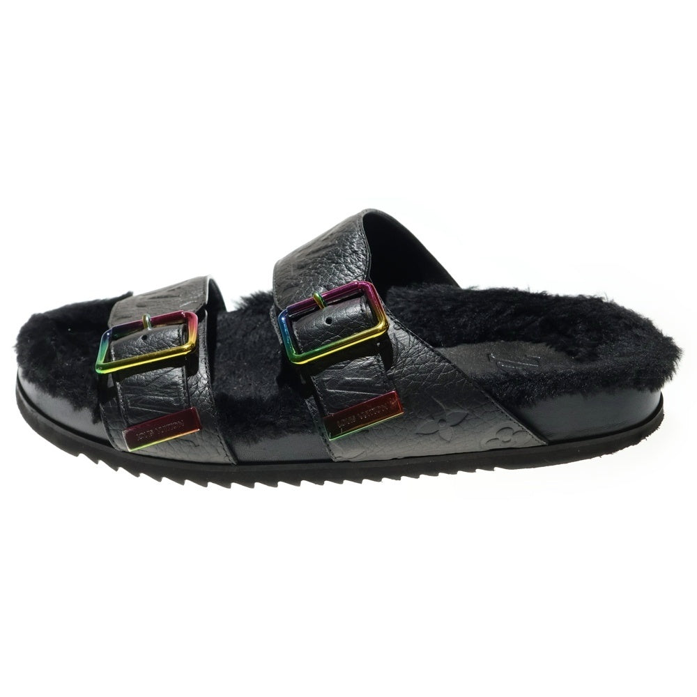 LOUIS VUITTON(ルイヴィトン) ミラボーライン モノグラム アンプラント エンボスレザー ボアライニング ストラップ フラットサンダル シューズ ブラック