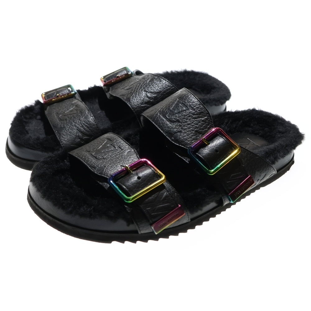 LOUIS VUITTON(ルイヴィトン) ミラボーライン モノグラム アンプラント エンボスレザー ボアライニング ストラップ フラットサンダル シューズ ブラック