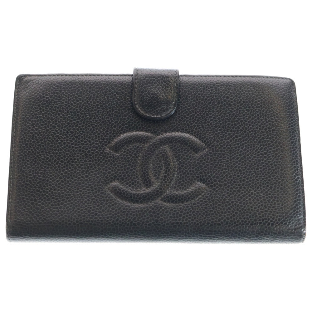 CHANEL(シャネル) ココマーク キャビアスキン レザー がま口 ロングウォレット 長財布 ゴールド金具 ブラック 9番台