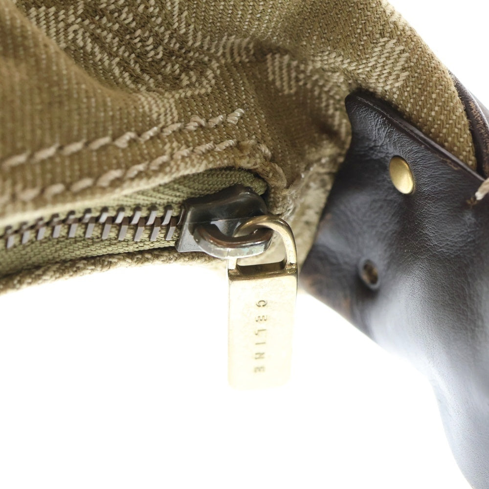 CELINE(セリーヌ) マカダム ハーフムーン ショルダーバッグ ブラウン カーキ キャンバス×レザー ゴールド金具