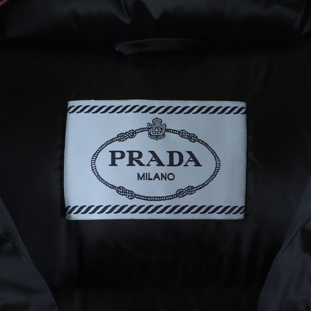 PRADA(プラダ) 18AW ロゴバックル サフィアーノレザー ベルト付き フーデッド ジップアップ ダウン ロング ジャケット コート ブラック レディース 29Z660