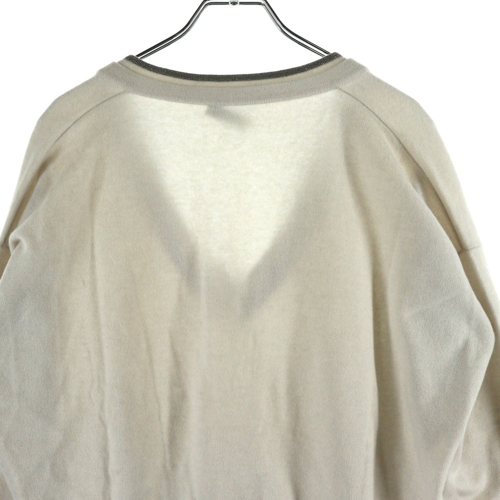 BRUNELLO CUCINELLI(ブルネロクチネリ) モニーレ装飾 シルク カシミヤ混 Vネック プルオーバー 長袖ニット セーター アイボリー