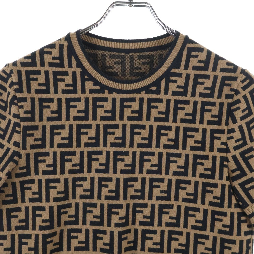 FENDI(フェンディ) ズッカ総柄ジャガード レーヨン クルーネック 半袖ニット セーター ブラウン レディース FZY702 A5QG