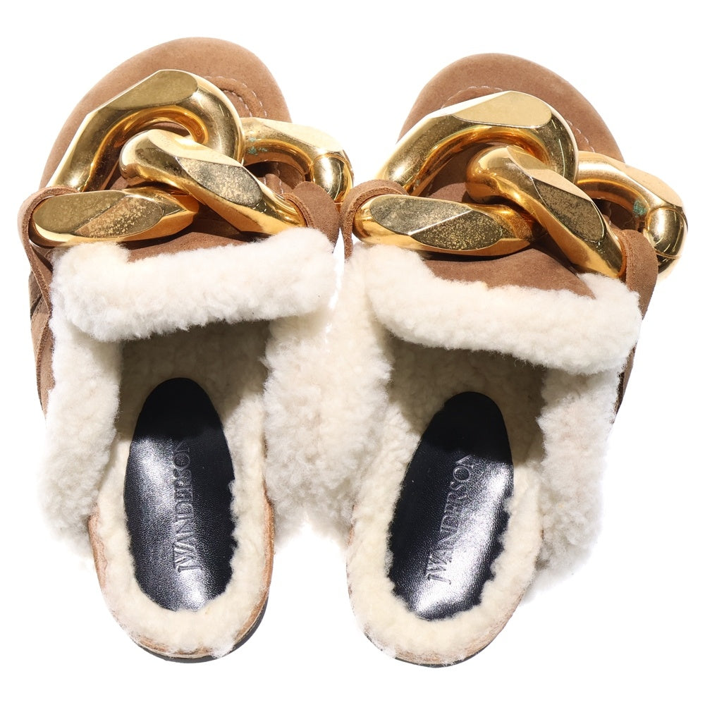 J.W.ANDERSON(ジェー ダブリュー アンダーソン) ビッグチェーン スエードレザー ボアライニング ローカットシューズ サンダル ミュール ゴールド金具 ブラウン レディース