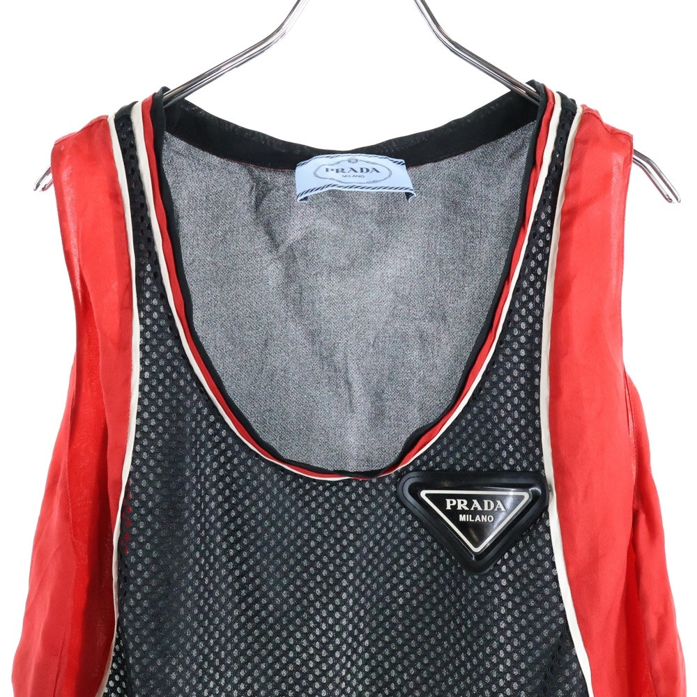 PRADA(プラダ) 20SS ラバーワッペンロゴ シルク メッシュ Uネック ノースリーブ ミディアムワンピース ブラック/レッド レディース P3C73