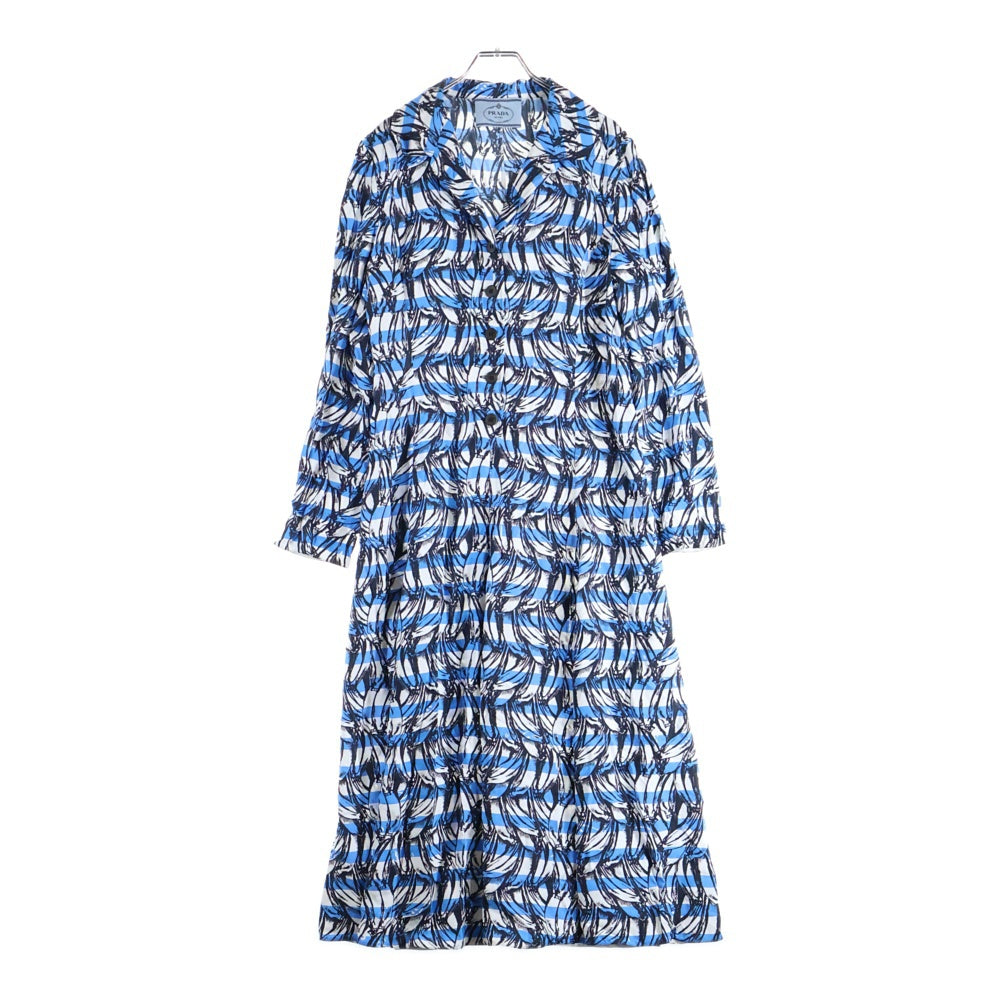 PRADA(プラダ) 18SS バナナ ボーダー 総柄プリント ビスコース レーヨン 長袖 シャツ ロング ワンピース ドレス ライトブルー/ホワイト レディース P36Y3