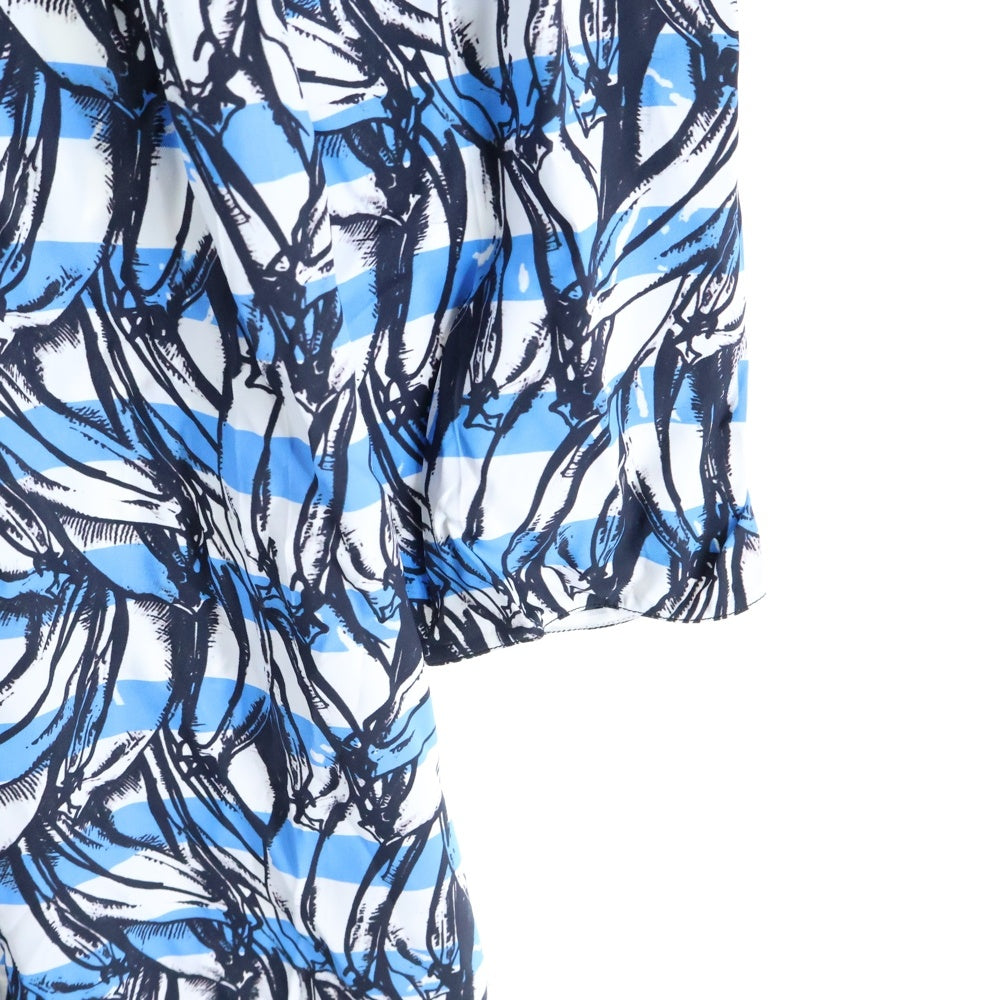 PRADA(プラダ) 18SS バナナ ボーダー 総柄プリント ビスコース レーヨン 長袖 シャツ ロング ワンピース ドレス ライトブルー/ホワイト レディース P36Y3