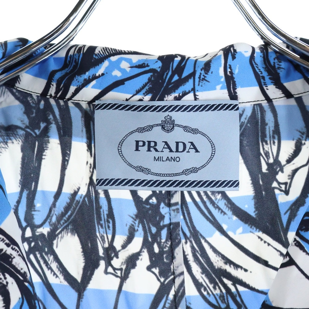 PRADA(プラダ) 18SS バナナ ボーダー 総柄プリント ビスコース レーヨン 長袖 シャツ ロング ワンピース ドレス ライトブルー/ホワイト レディース P36Y3