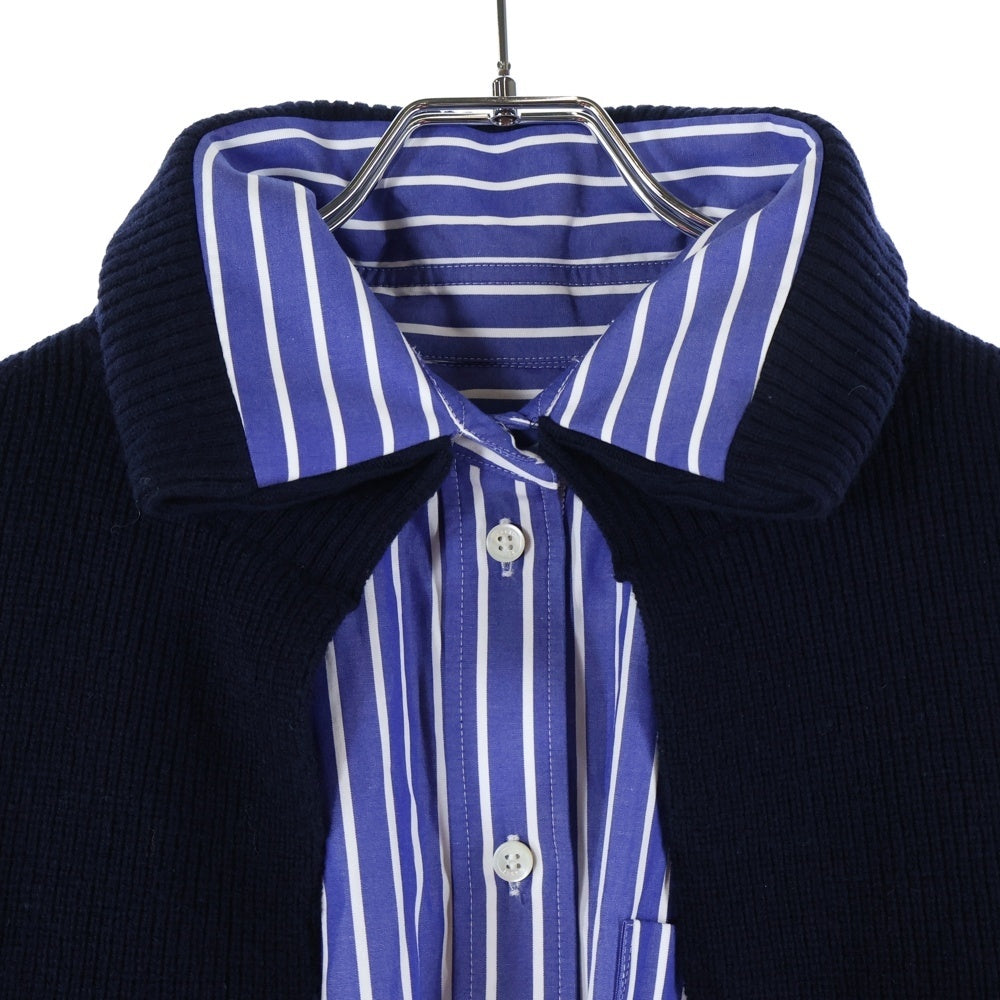 Sacai(サカイ) 21AW ウールニット カーディガン ドッキング ストライプ総柄 ロング 長袖シャツ ワンピース ブルー/ネイビー レディース 21-05715