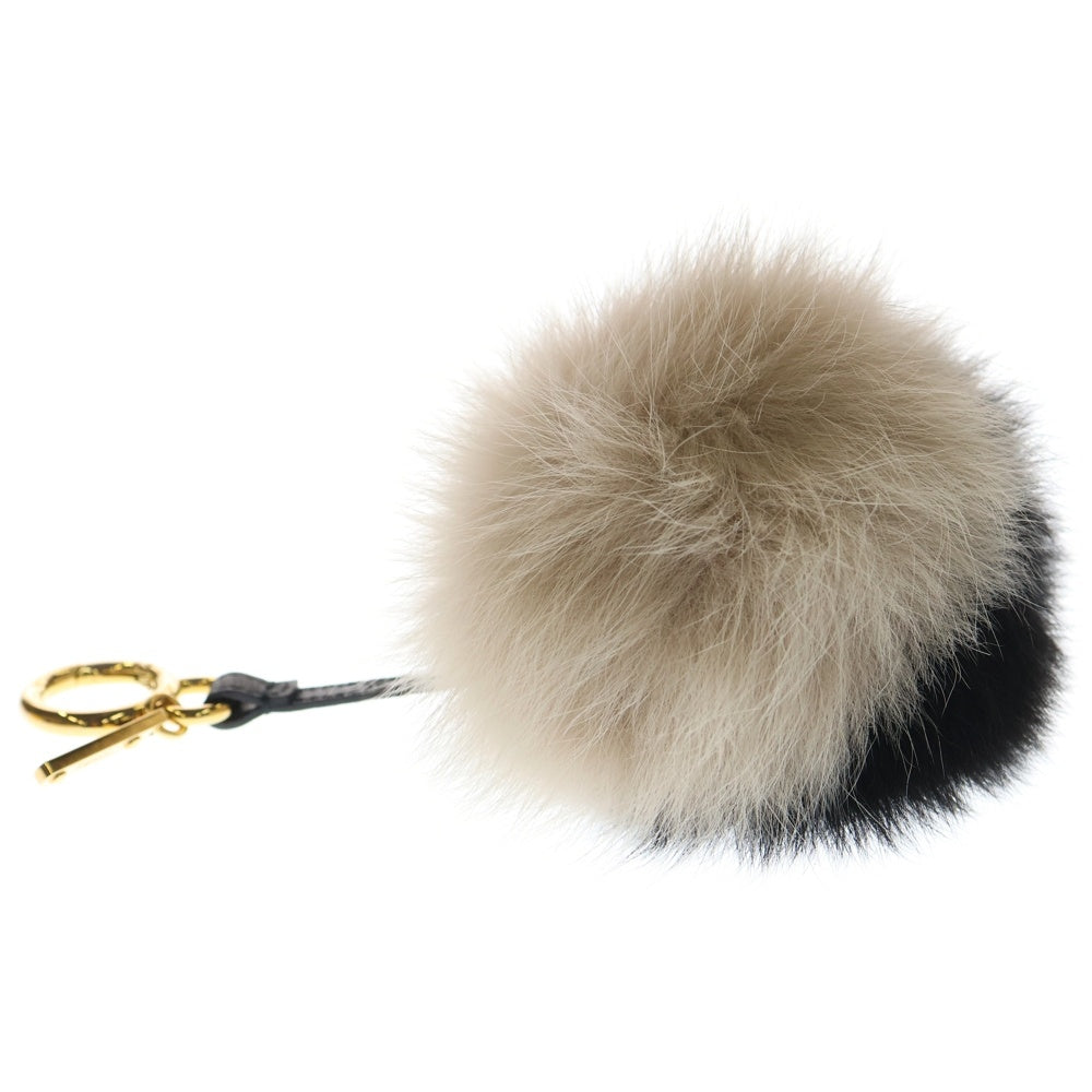 FENDI(フェンディ) ファー ポンポン バッグチャーム キーホルダー キーリング ブラック×ベージュ ゴールド金具