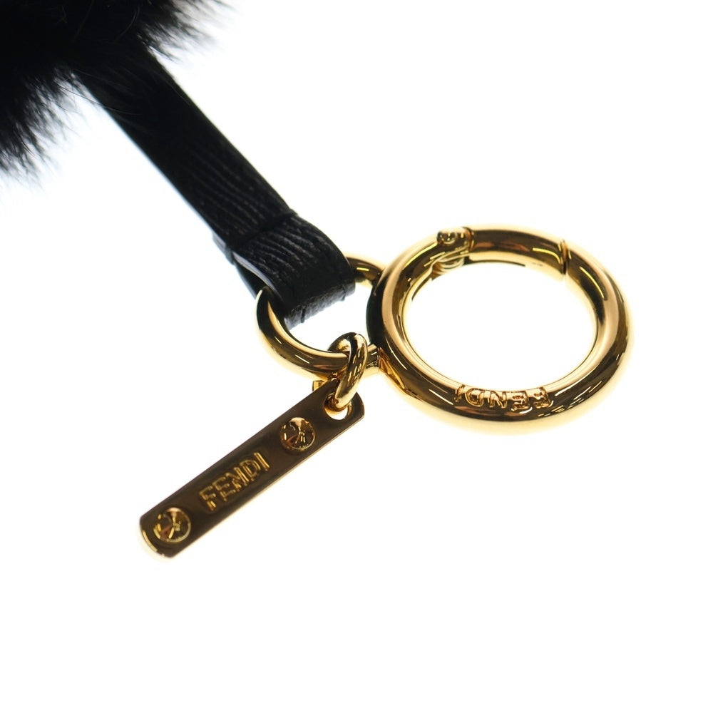 FENDI(フェンディ) ファー ポンポン バッグチャーム キーホルダー キーリング ブラック×ベージュ ゴールド金具