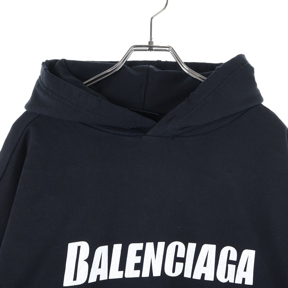 BALENCIAGA(バレンシアガ) 22AW Destroyed Logo Print Hoodie デストロイ ロゴプリント プルオーバースウェットパーカー フーディー ブラック 729361