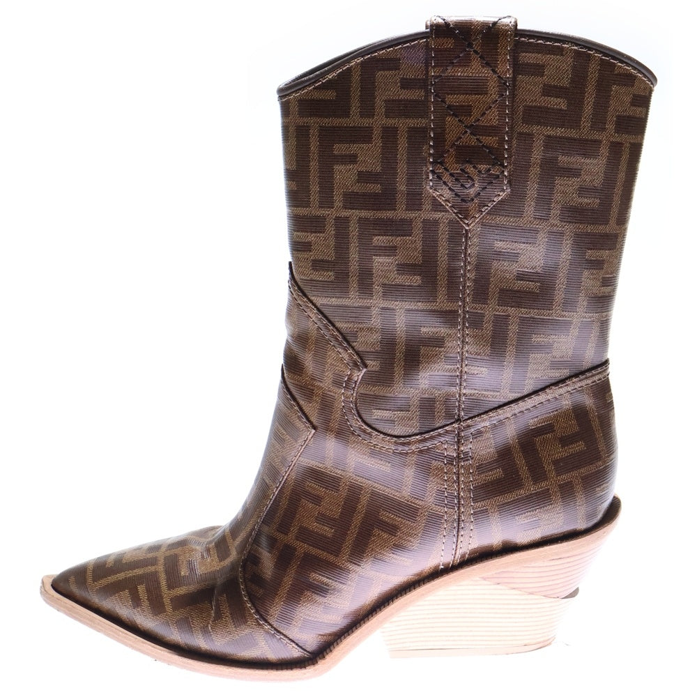 FENDI(フェンディ) ズッカ総柄 PVC レザー ヒール ハイカットシューズ ショート ウエスタンブーツ ブラウン レディース