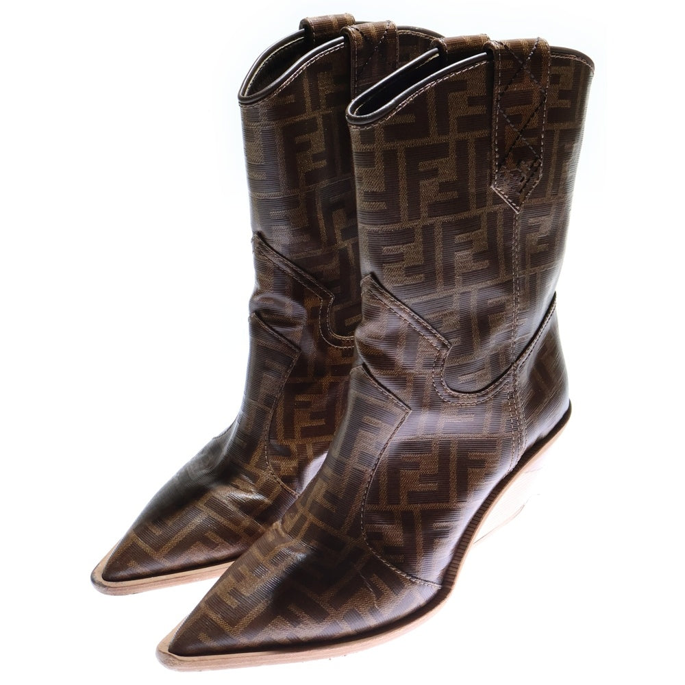 FENDI(フェンディ) ズッカ総柄 PVC レザー ヒール ハイカットシューズ ショート ウエスタンブーツ ブラウン レディース