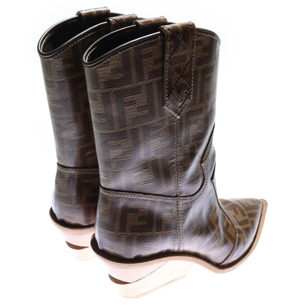 FENDI(フェンディ) ズッカ総柄 PVC レザー ヒール ハイカットシューズ ショート ウエスタンブーツ ブラウン レディース