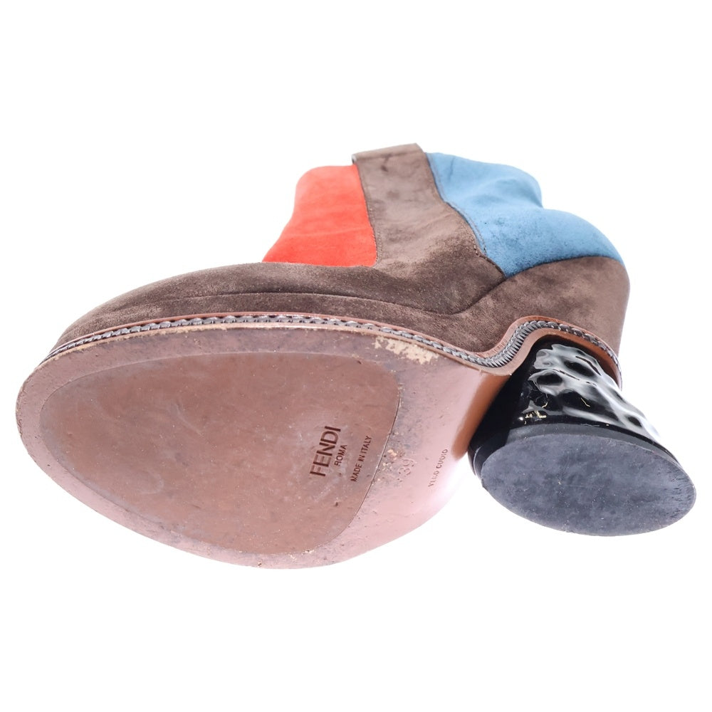 FENDI(フェンディ) スエードレザー サイドジップ ヒール ショートブーツ シューズ マルチカラー ブラウン/レッド レディース