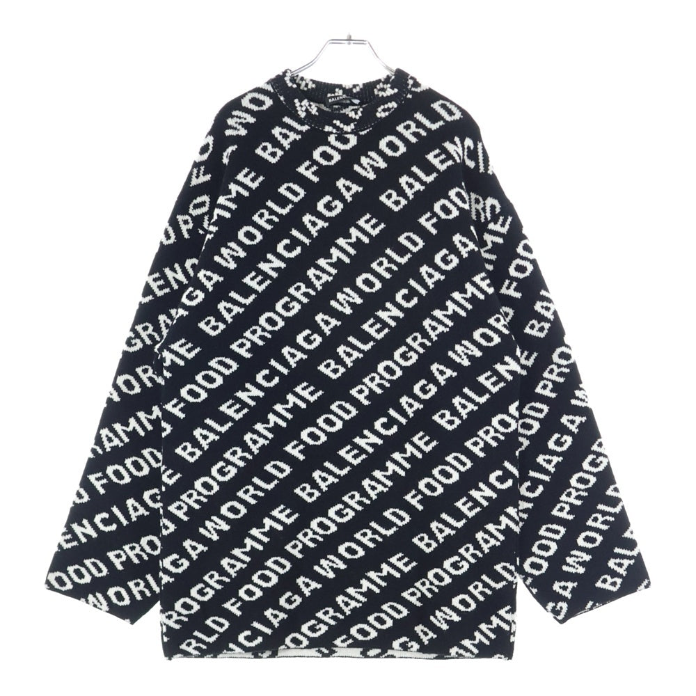 BALENCIAGA(バレンシアガ) 20AW World Food Programme オールオーバーロゴ ジャガード ウール クルーネック プルオーバー 長袖ニット セーター ブラック 612957