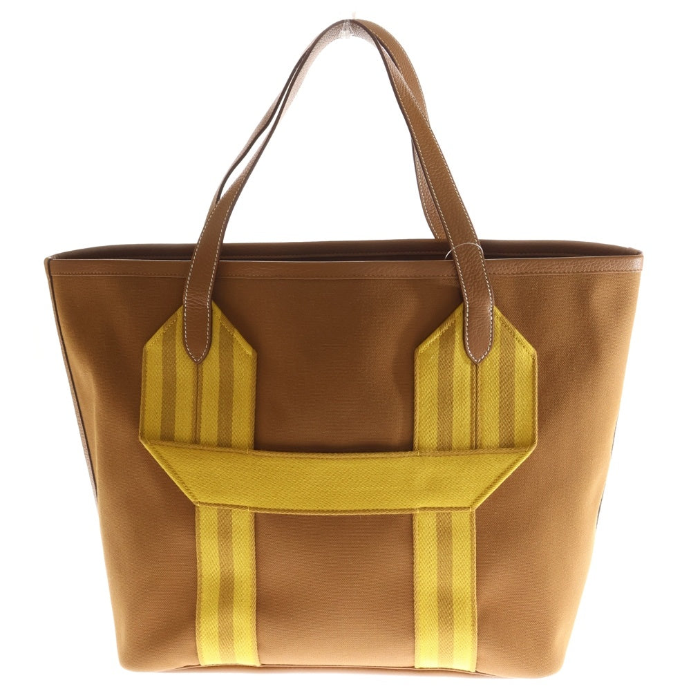 HERMES(エルメス) ピュールサングル トワル トリヨンクレマンス レザー キャンバス トートバッグ ブラウン/イエロー B刻印 レディース