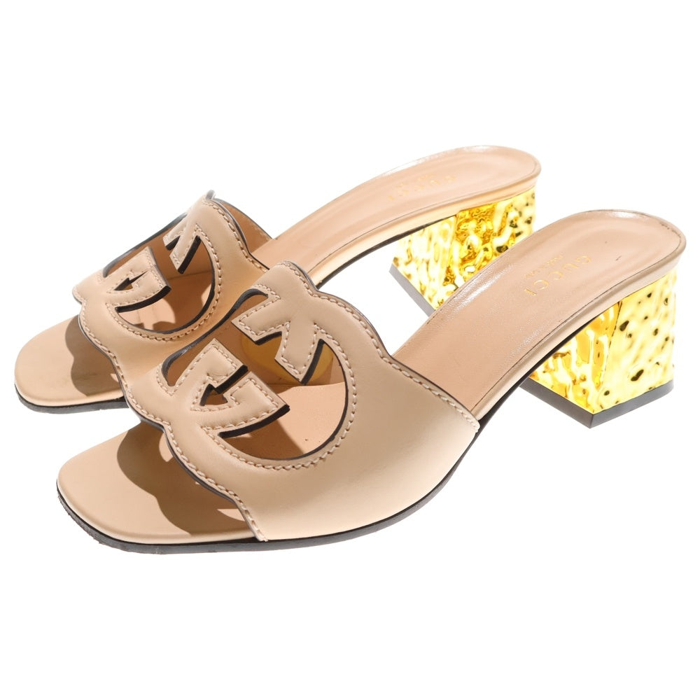 GUCCI(グッチ) インターロッキングG ロゴ レザー ヒール サンダル パンプス シューズ ピンクベージュ レディース