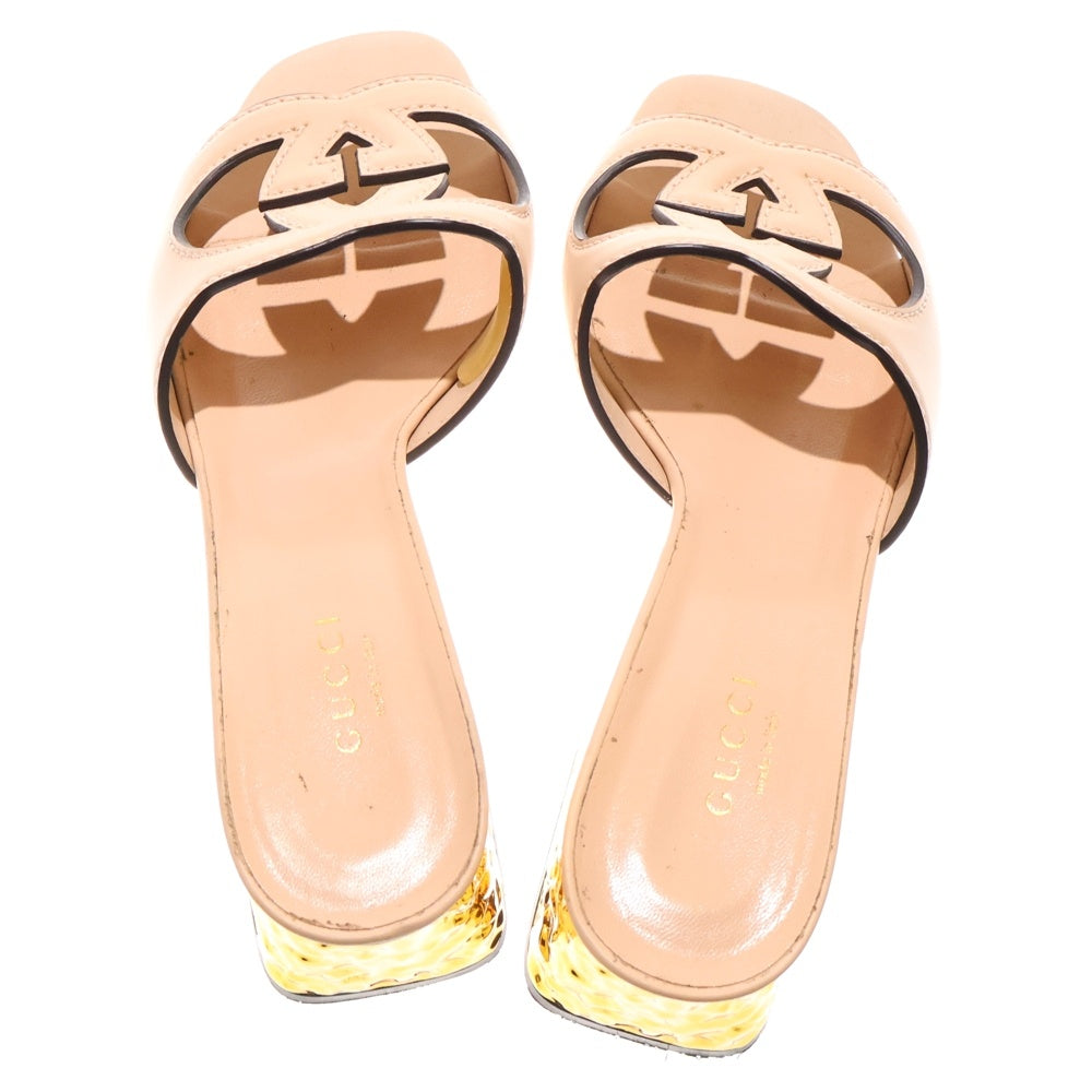 GUCCI(グッチ) インターロッキングG ロゴ レザー ヒール サンダル パンプス シューズ ピンクベージュ レディース