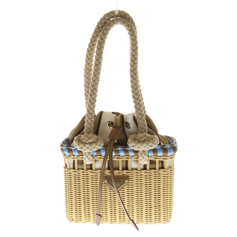 PRADA(プラダ) ウィッカー ミニハンドバッグ カゴバッグ べージュ×ブルー 1BG558 ゴールド金具 レディース