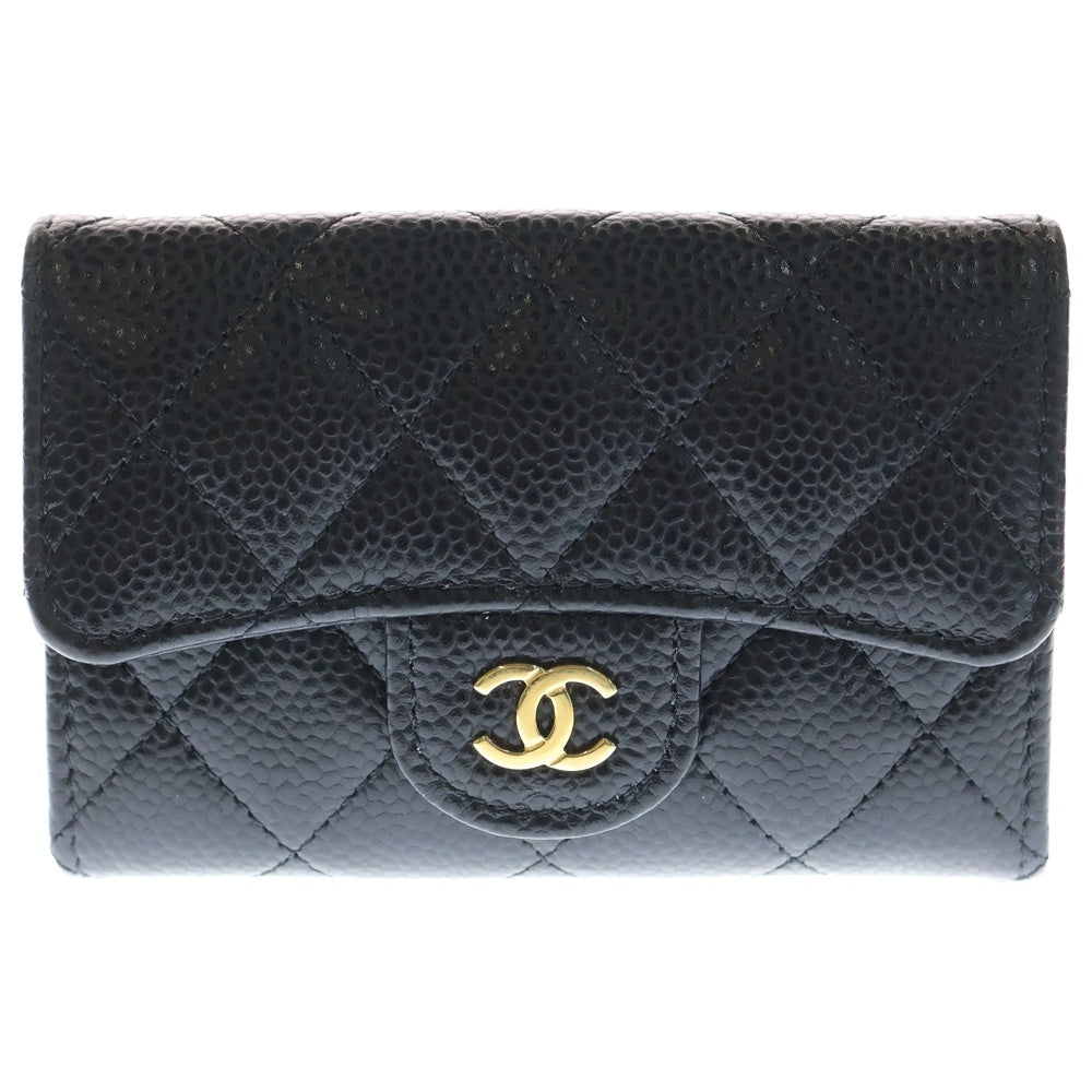 CHANEL(シャネル) マトラッセ クラシック スモール フラップ ココマーク キャビアスキン レザー カードケース ゴールド金具 ブラック レディース