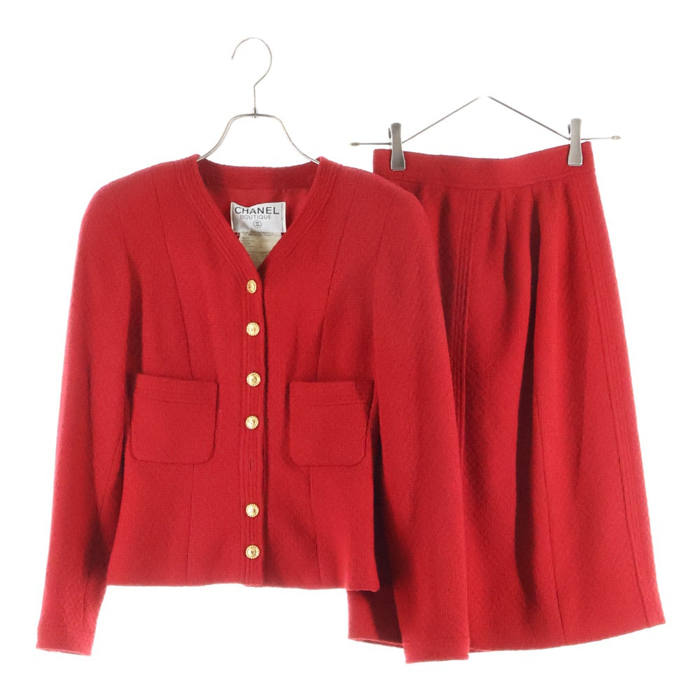 CHANEL(シャネル) セットアップ ココマークボタン ウールツイード ノーカラージャケット タイト ミディアムスカート レッド レディース