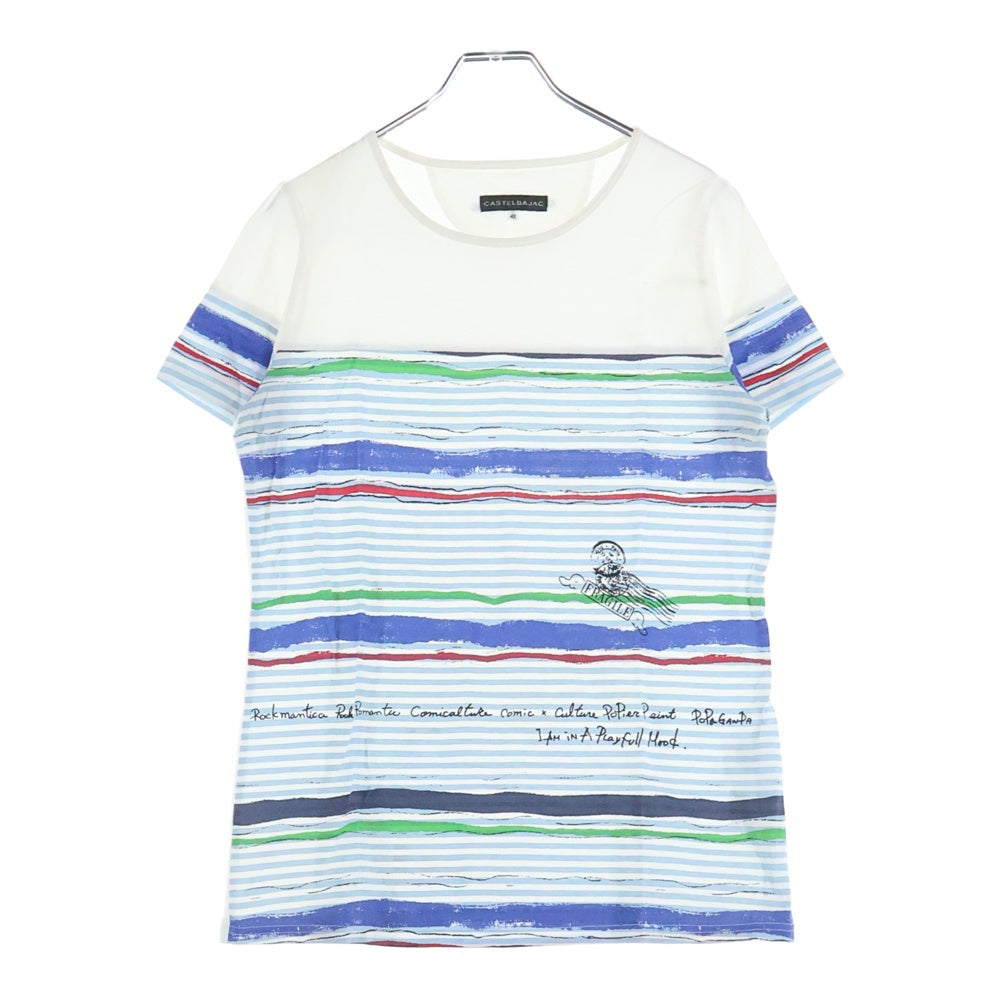 CASTELBAJAC(カステルバジャック) ボーダー柄プリント クルーネック 半袖Tシャツ カットソー ホワイト レディース