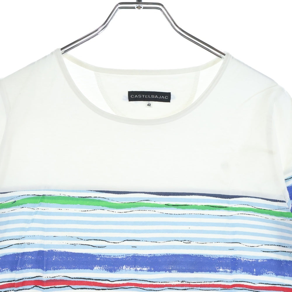 CASTELBAJAC(カステルバジャック) ボーダー柄プリント クルーネック 半袖Tシャツ カットソー ホワイト レディース