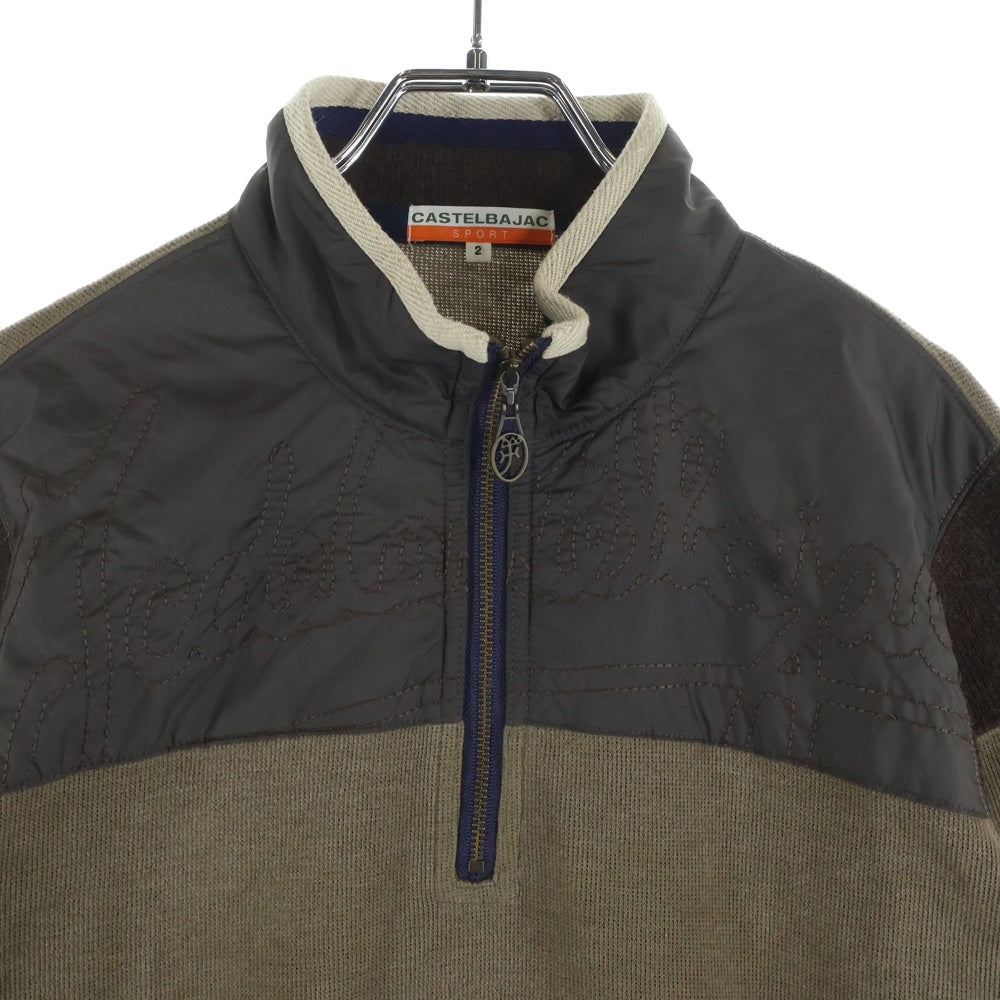 CASTELBAJAC(カステルバジャック) ナイロン切り替え ロゴ刺繍 スタンドカラー ジップアップ プルオーバーニット セーター ブラウン 7912-7309 レディース