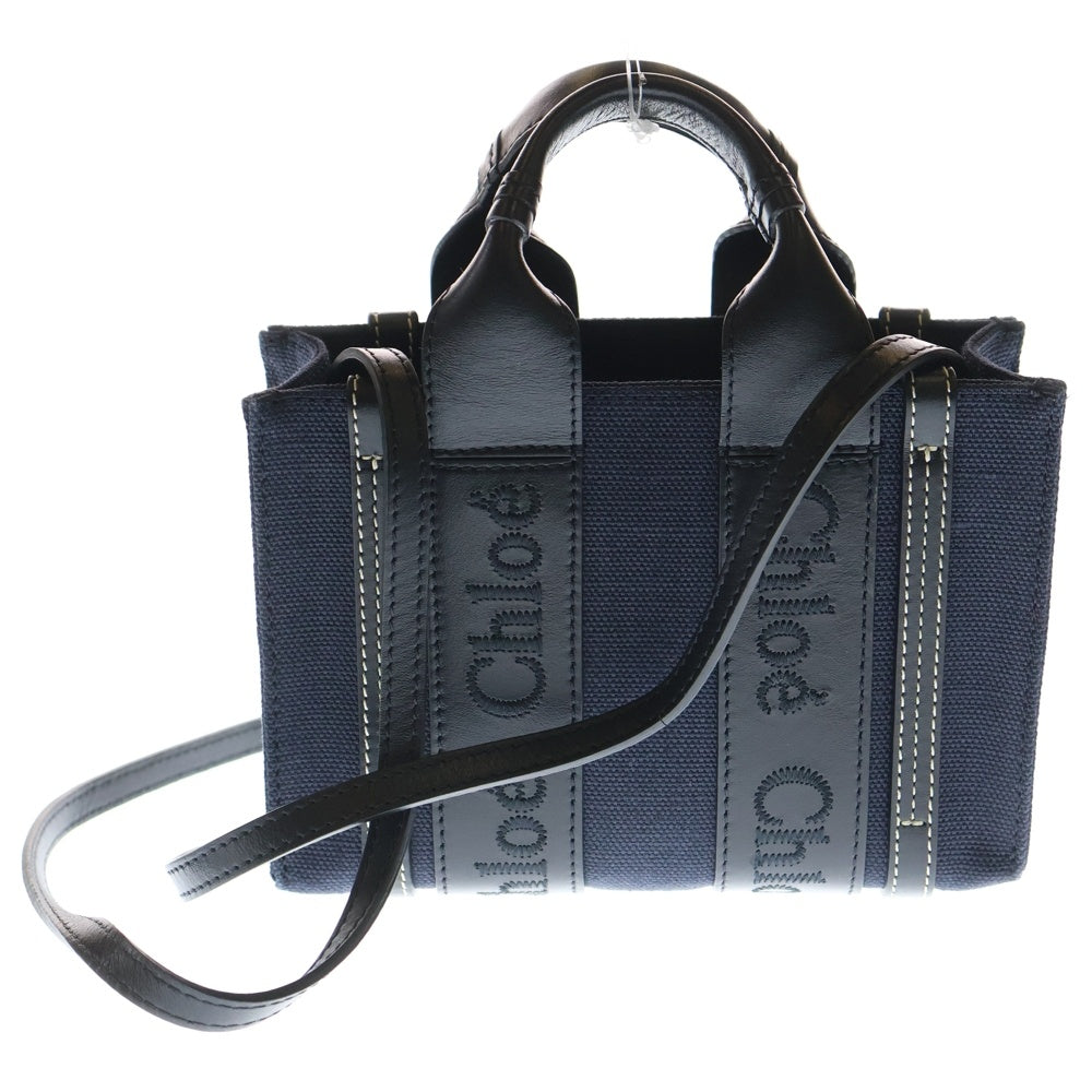 Chloe(クロエ) ウッディ ミニ 2WAYトートバッグ ハンドバッグ ブラック×ネイビー キャンバス×レザー