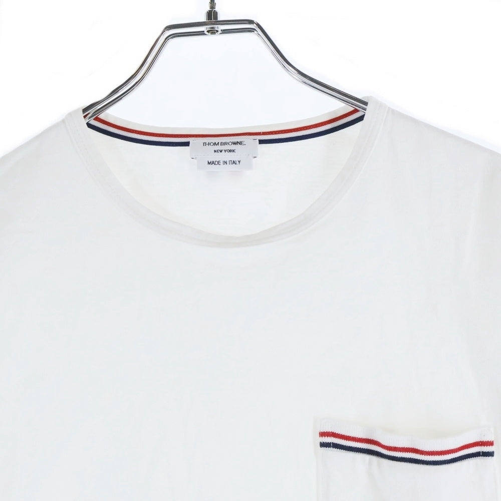 THOM BROWNE(トムブラウン) トリコロールライン クルーネック 半袖 ポケット Tシャツ カットソー ホワイト MJS010A-01454100 レディース
