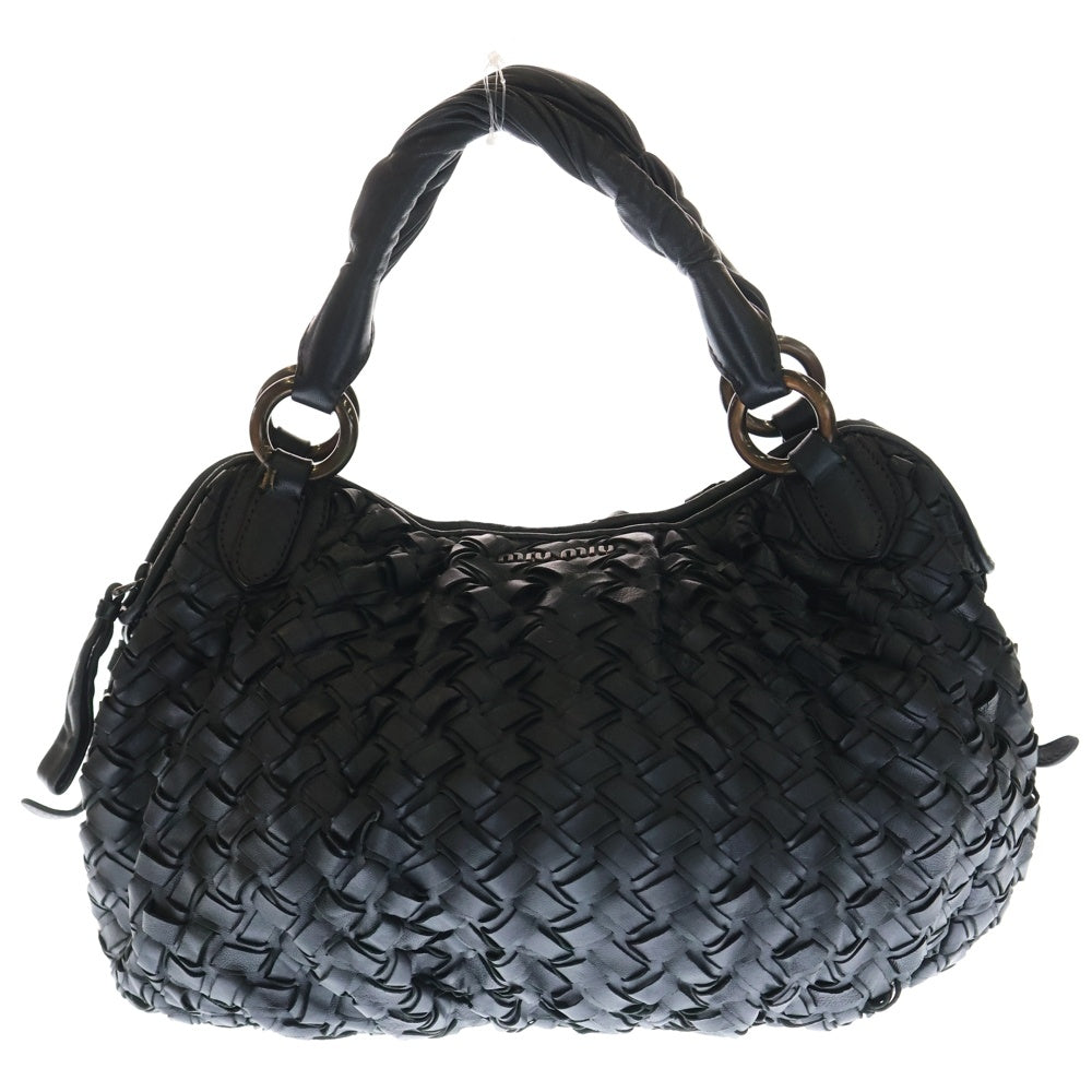 miumiu(ミュウミュウ) ロゴプレート イントレチャート ラムスキン レザー ハンドバッグ ブロンズ金具 ブラック レディース