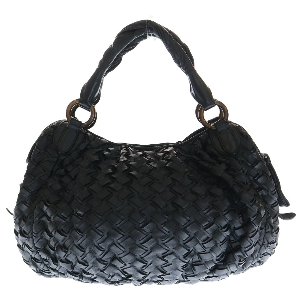 miumiu(ミュウミュウ) ロゴプレート イントレチャート ラムスキン レザー ハンドバッグ ブロンズ金具 ブラック レディース