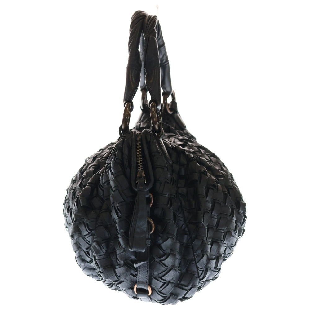 miumiu(ミュウミュウ) ロゴプレート イントレチャート ラムスキン レザー ハンドバッグ ブロンズ金具 ブラック レディース