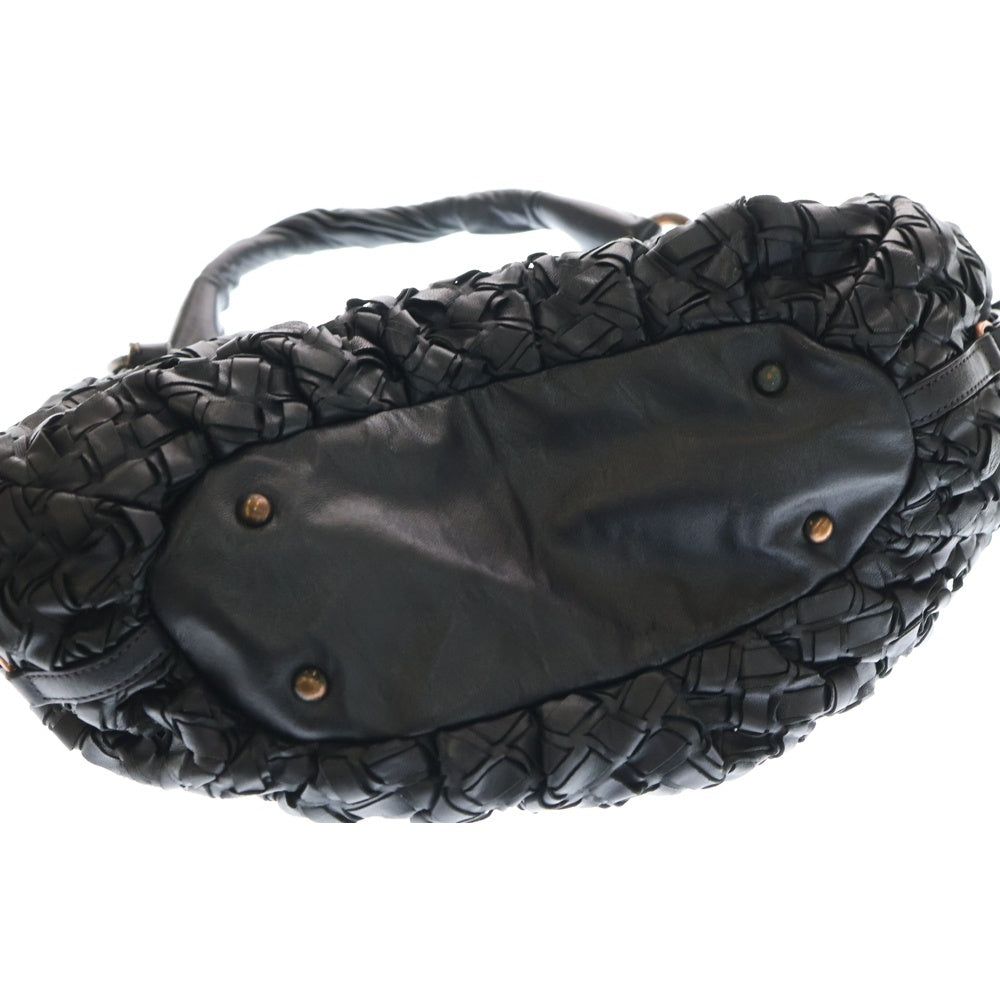 miumiu(ミュウミュウ) ロゴプレート イントレチャート ラムスキン レザー ハンドバッグ ブロンズ金具 ブラック レディース