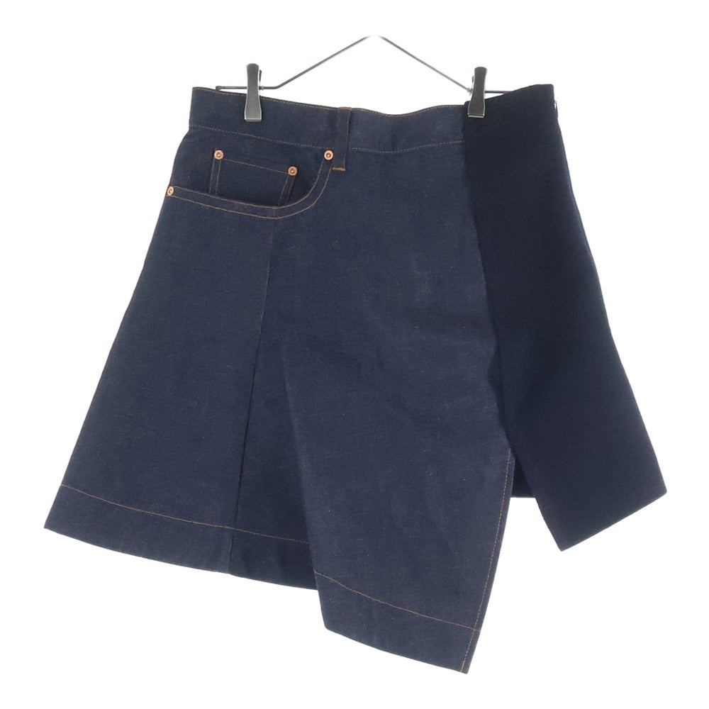 Sacai(サカイ) 24SS アシンメトリー メルトンウール切り替え デニム フレア ミディアムスカート インディゴ/ネイビー レディース 24-07352