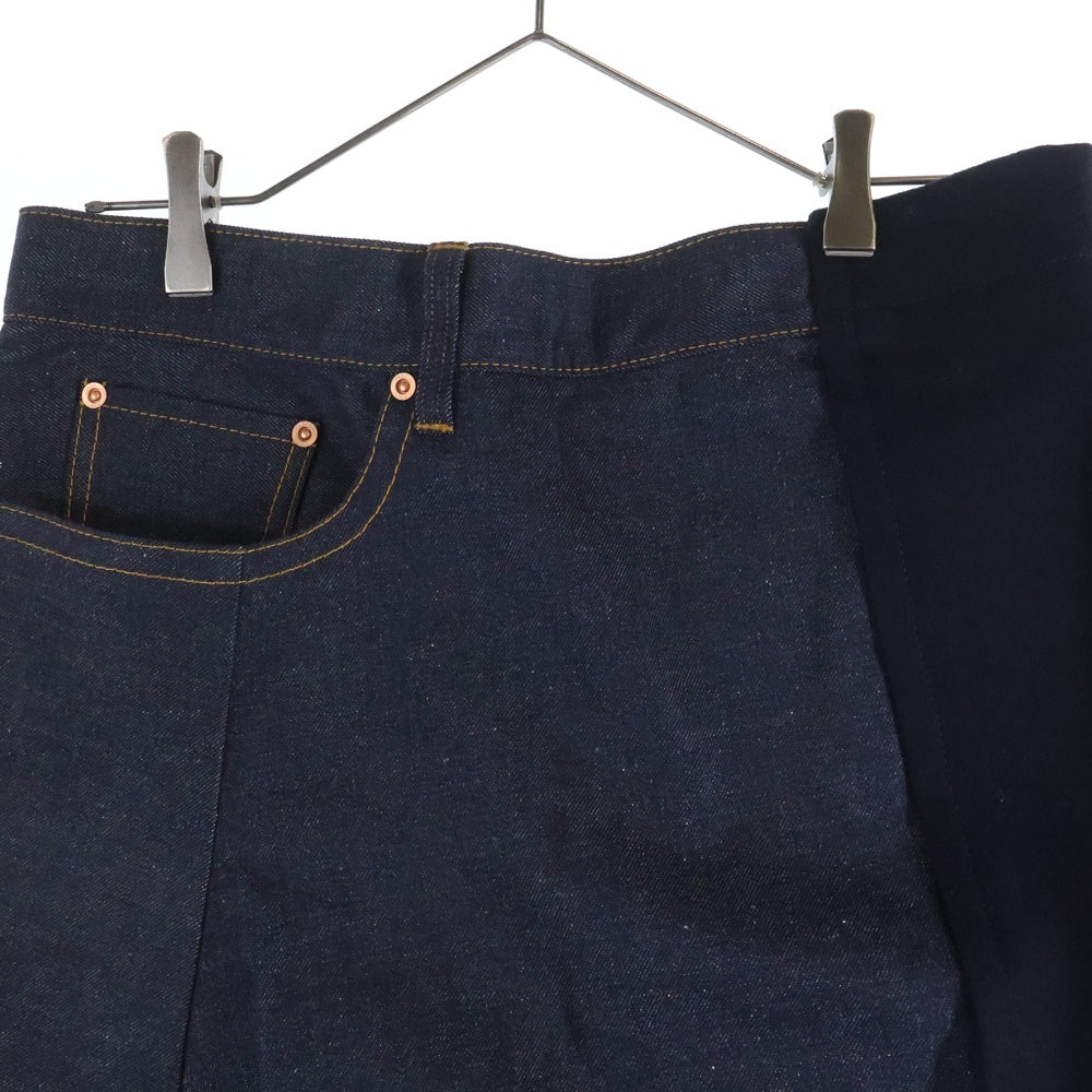 Sacai(サカイ) 24SS アシンメトリー メルトンウール切り替え デニム フレア ミディアムスカート インディゴ/ネイビー レディース 24-07352
