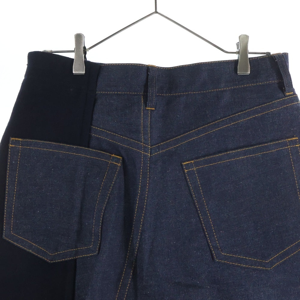 Sacai(サカイ) 24SS アシンメトリー メルトンウール切り替え デニム フレア ミディアムスカート インディゴ/ネイビー レディース 24-07352