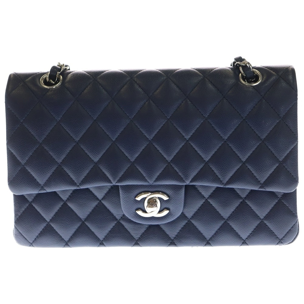 CHANEL(シャネル) マトラッセ25 ココマーク キャビアスキン レザー Wフラップ/Wチェーンショルダーバッグ ネイビー SV金具 A01112 レディース