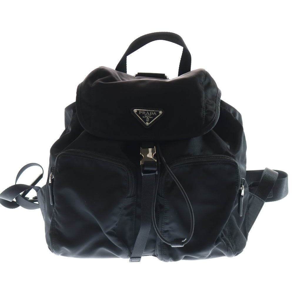 PRADA(プラダ) トライアングルロゴプレート テスートナイロン サフィアーノレザー ドローストリング バックパック リュックサック ブラック 1BZ005 レディース