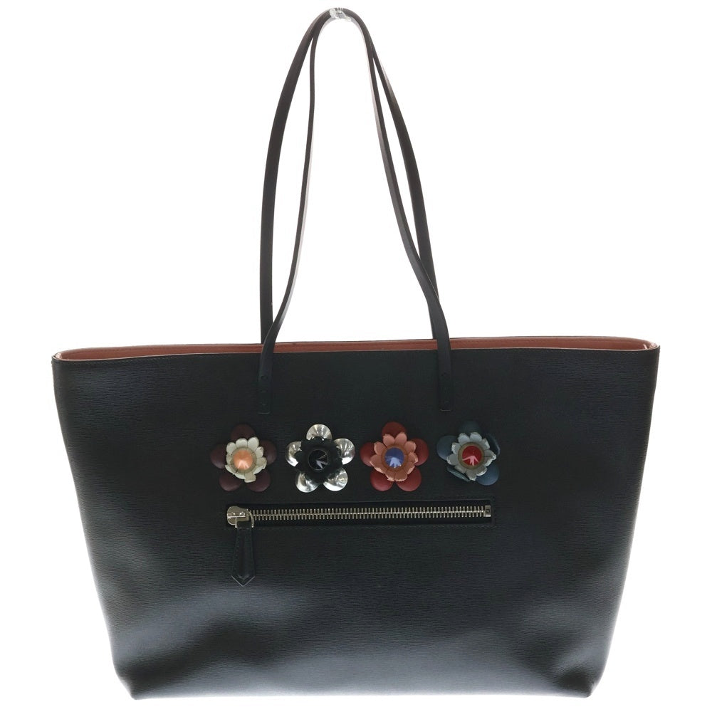 FENDI(フェンディ) フラワーランド トートバッグ ハンドバッグ ブラック×ピンク レザー 8BH185 シルバー金具 レディース