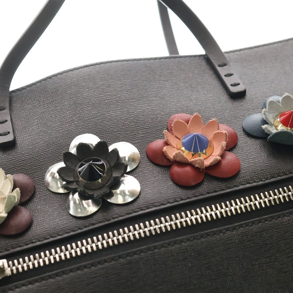 FENDI(フェンディ) フラワーランド トートバッグ ハンドバッグ ブラック×ピンク レザー 8BH185 シルバー金具 レディース