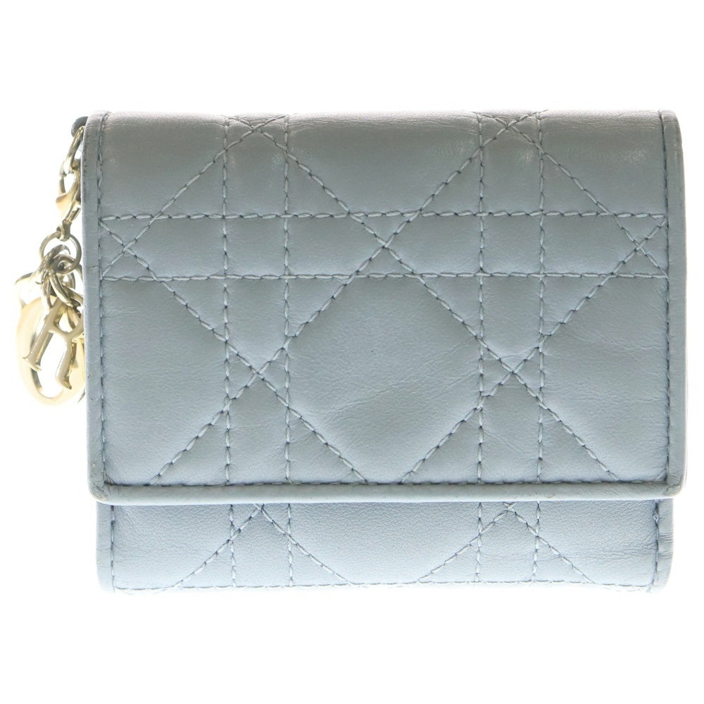 Christian Dior(クリスチャンディオール) カナージュ 三つ折り財布 コンパクトウォレット コインケース スモーキーブルー レザー ゴールド金具 レディース