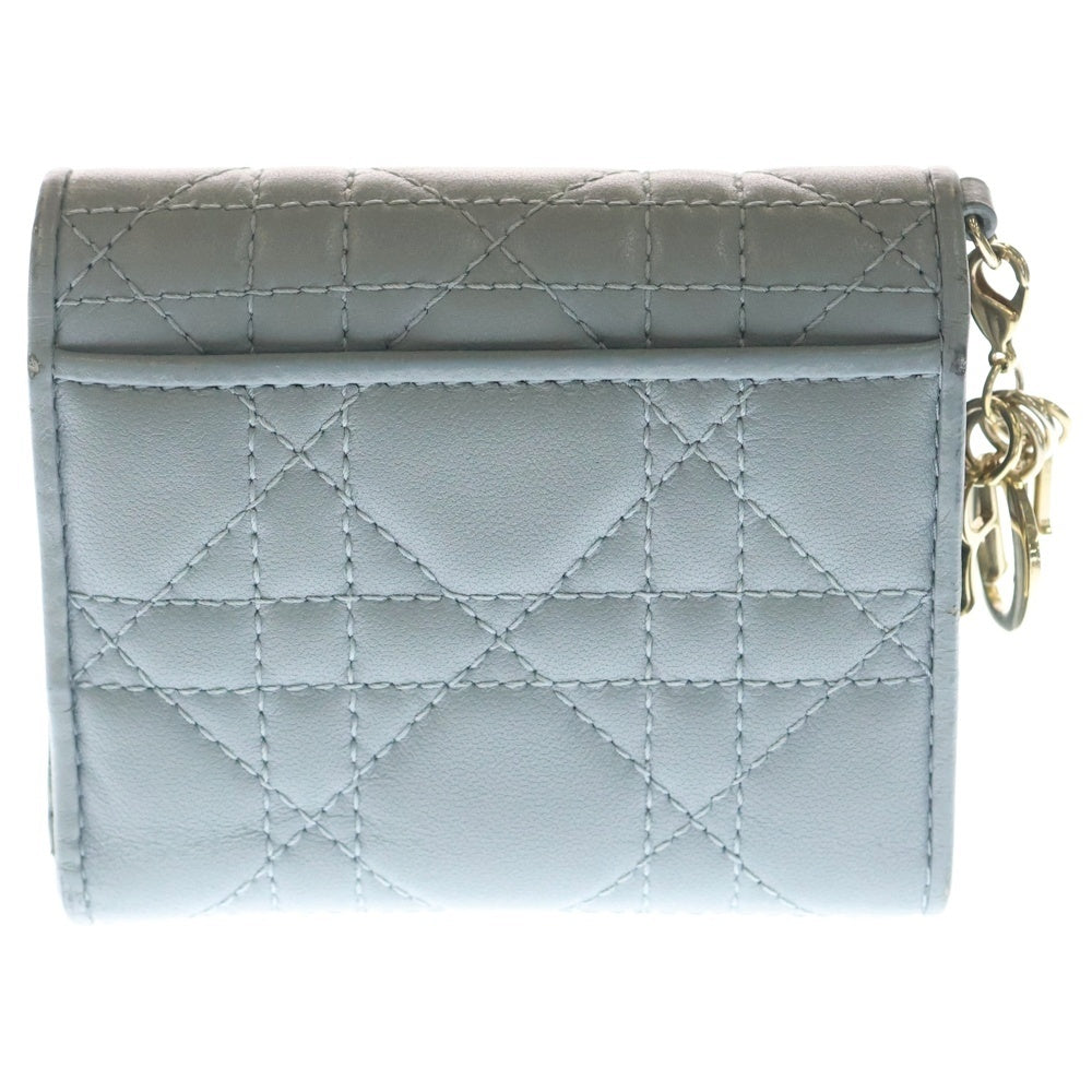 Christian Dior(クリスチャンディオール) カナージュ 三つ折り財布 コンパクトウォレット コインケース スモーキーブルー レザー ゴールド金具 レディース