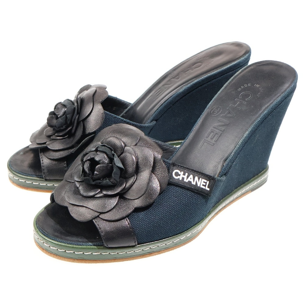 CHANEL(シャネル) カメリア ウェッジソール ヒール レザー キャンバス サンダル シューズ ブラック レディース G25948