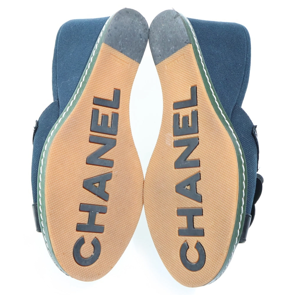 CHANEL(シャネル) カメリア ウェッジソール ヒール レザー キャンバス サンダル シューズ ブラック レディース G25948