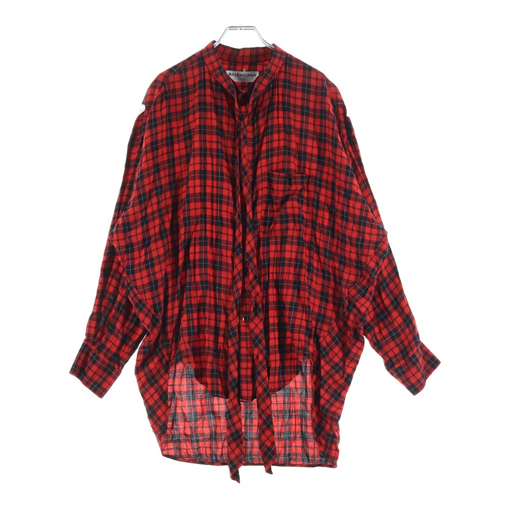 BALENCIAGA(バレンシアガ) チェック総柄 バックロゴプリント リボン 長袖シャツ レッド レディース 492513