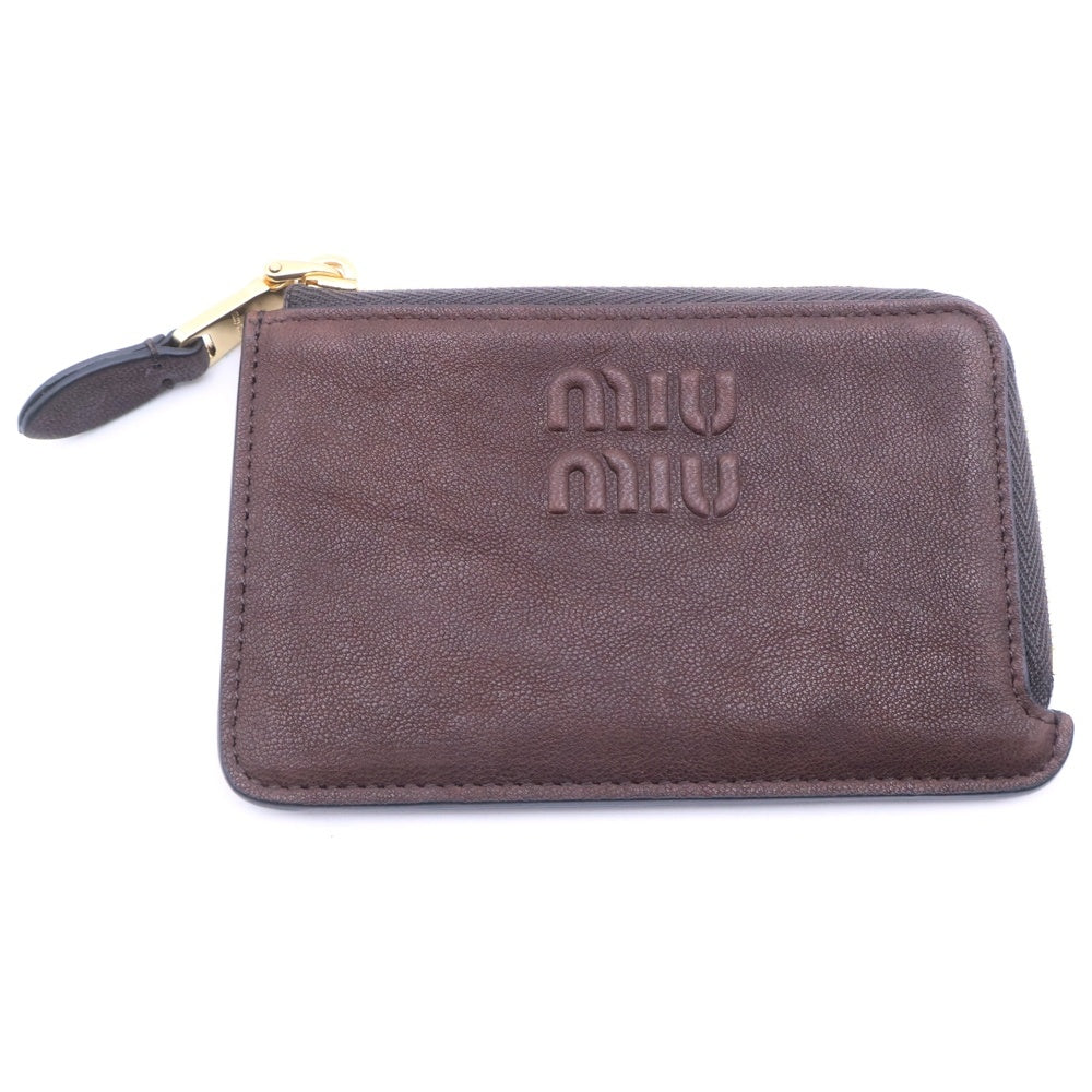 miumiu(ミュウミュウ) ロゴフラグメントケース コインケース ミニ財布 小物入れ ポーチ ブラウン レザー ゴールド金具 レディース
