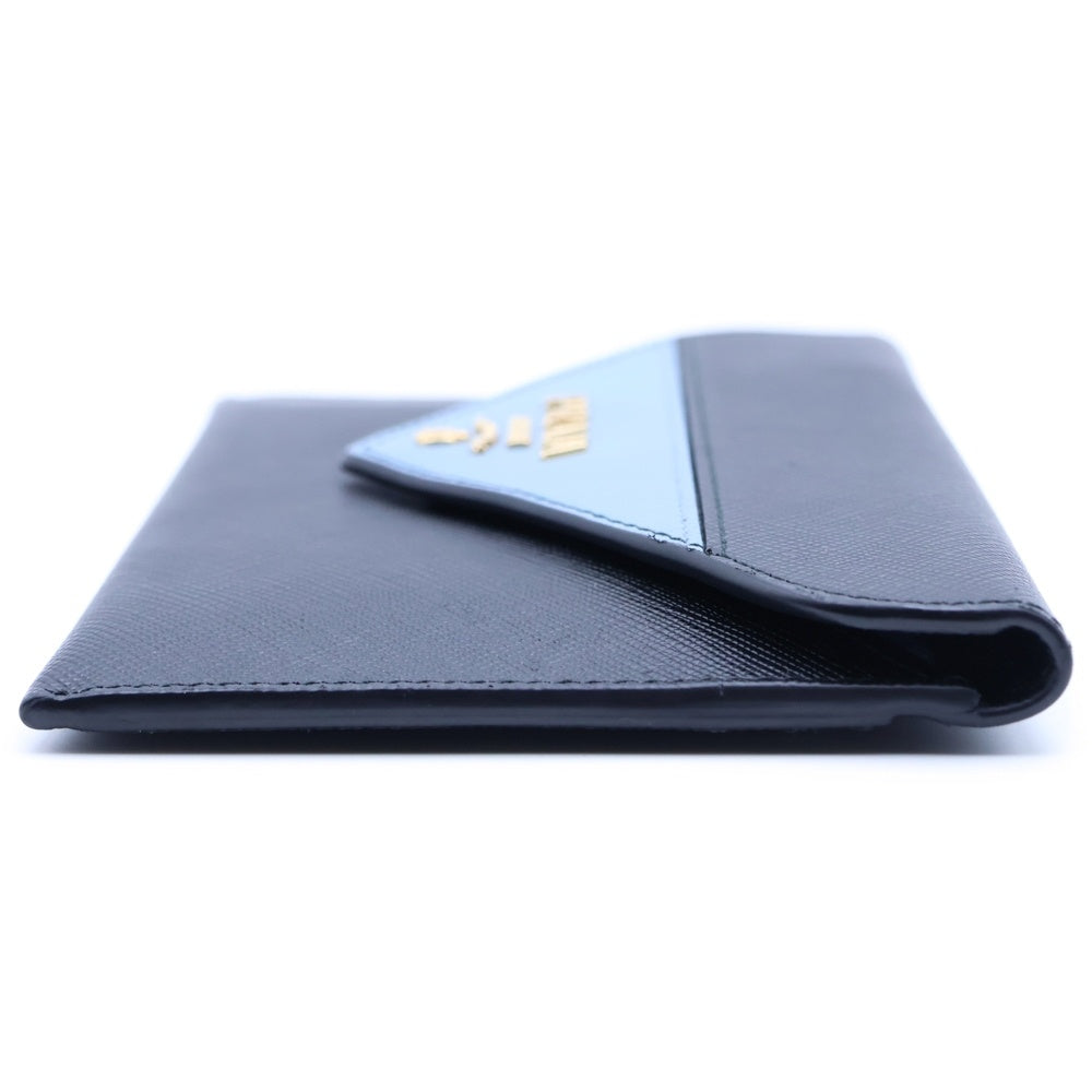 PRADA(プラダ) サフィアーノ レターウォレット 長財布 カードケース ブラック×ライトブルー レザー ポーチ ゴールド金具 レディース